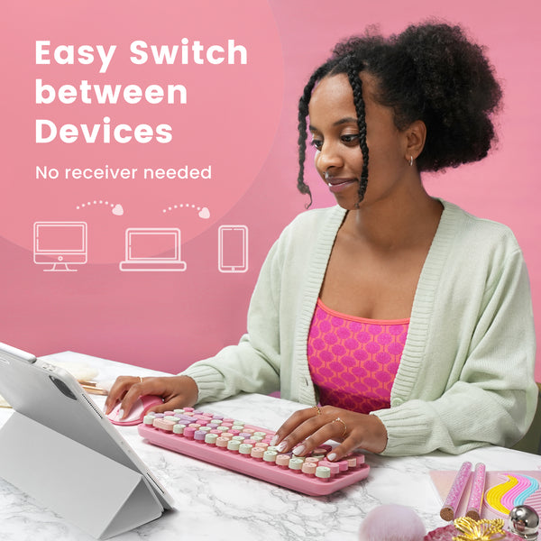 PERIDUO-802PK Bluetooth Mini Keyboard and Mouse Combo - Retro Round Key Caps - Pastel Pink