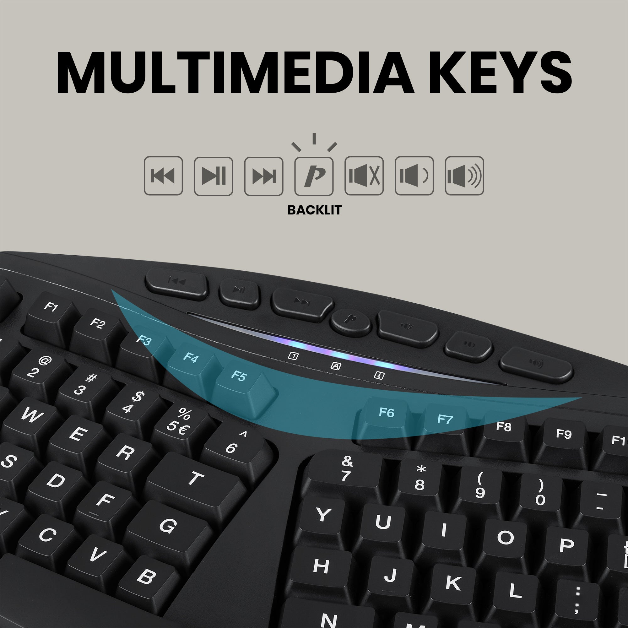 Keyboard Extra Rows PERIBOARD-312 Wired Backlit Ergonomic Keyboard with Large Print Letters ...