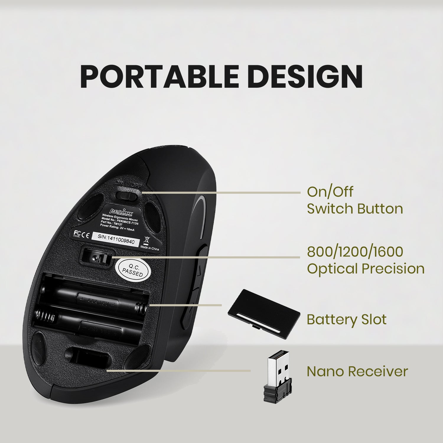 Mosuepay PERIMICE-713 Wireless Ergonomic Vertical Mouse - Perixx USA