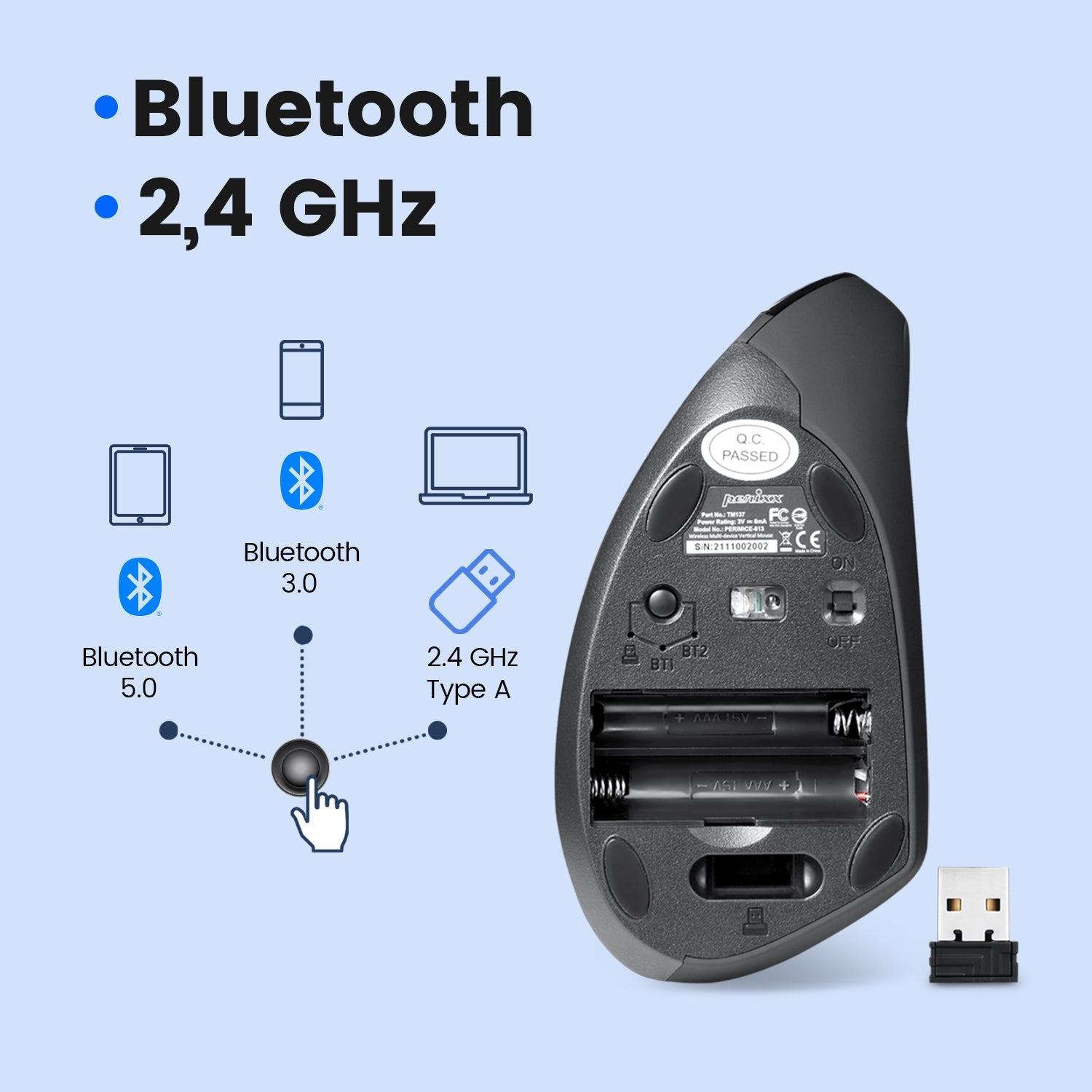 PERIMICE-813 Wireless Ergonomic Vertical Mouse with Bluetooth Multi ...