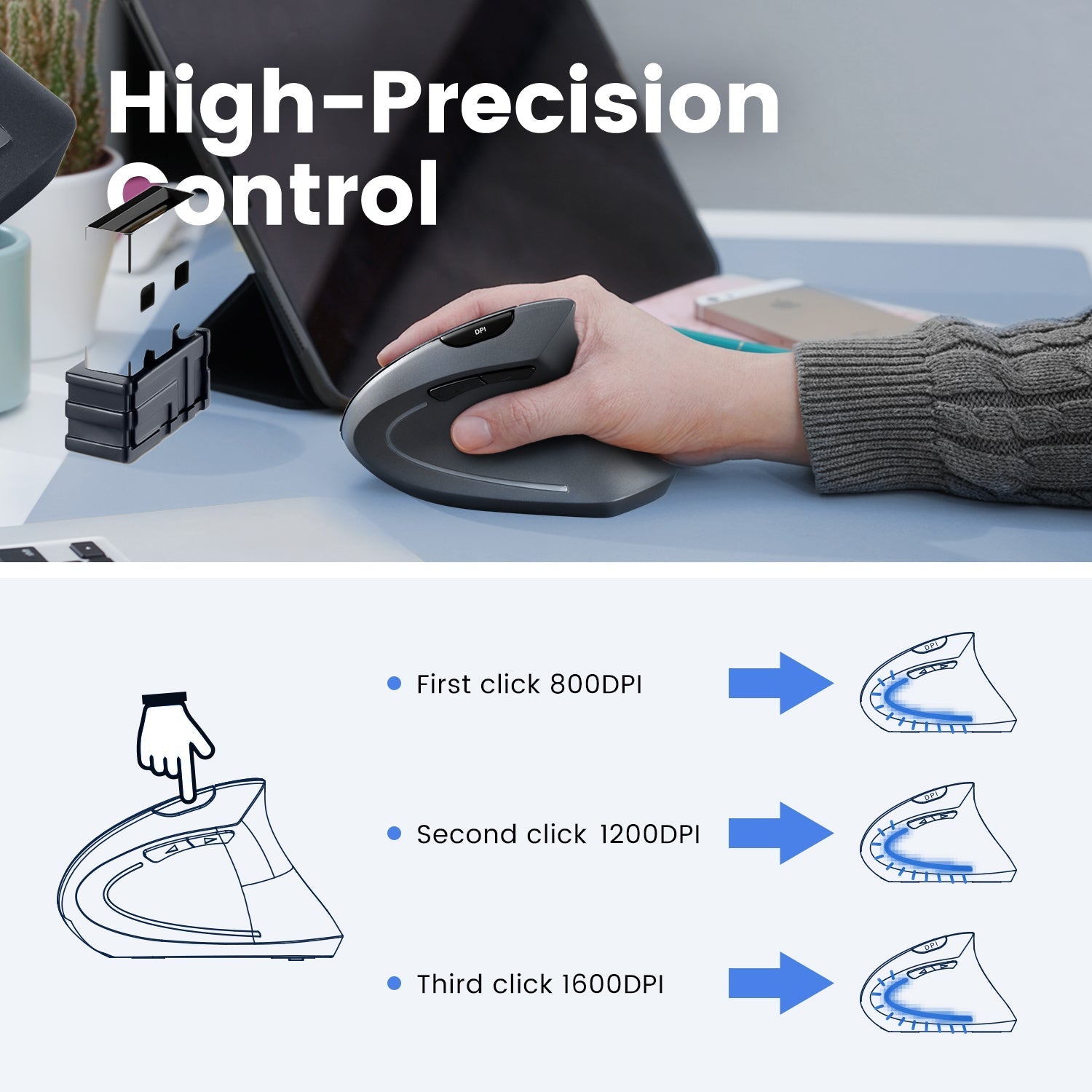 PERIMICE-813 Wireless Ergonomic Vertical Mouse with Bluetooth Multi ...