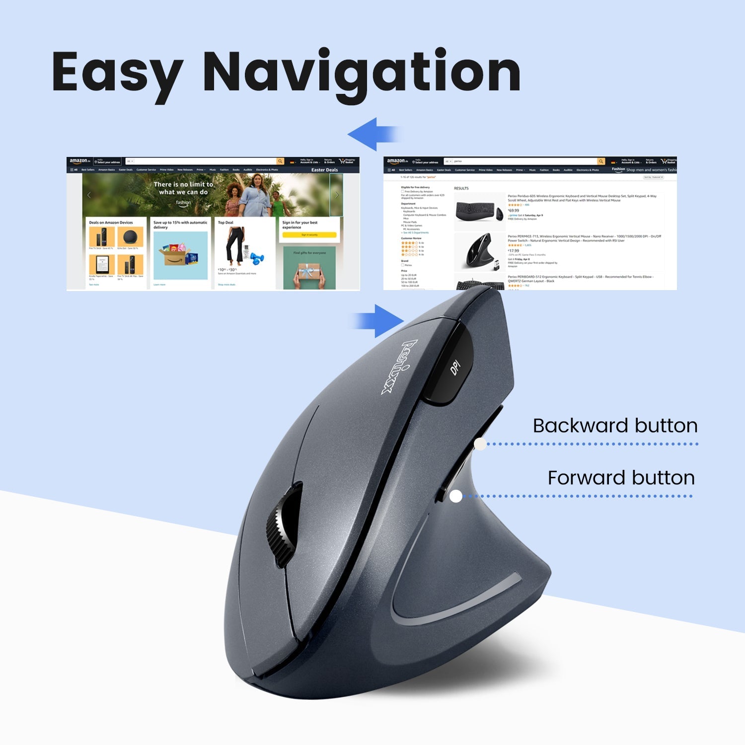 PERIMICE-813 Wireless Ergonomic Vertical Mouse with Bluetooth Multi ...