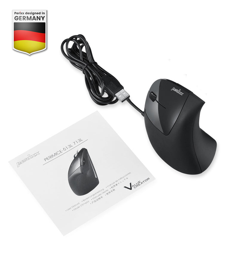 PERIMICE-513 L - Wired Left-Handed Ergonomic Vertical Mouse 6 Buttons 1000/1600 DPI