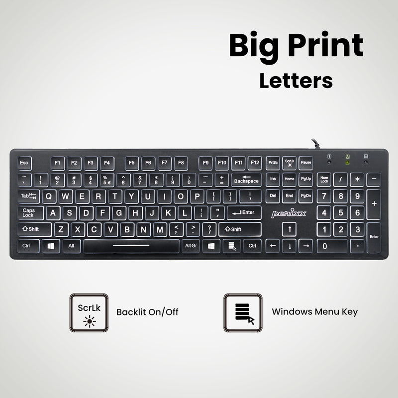PERIBOARD-317 - Wired Backlit standard Keyboard with Big Print Key, backlit on/off switch and window menu key