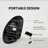 PERIMICE-713 - Wireless Ergonomic Vertical Mouse in portable design. On/Off switch button, 800/ 1200/ 1600 optical precision, battery slot and nano receiver.