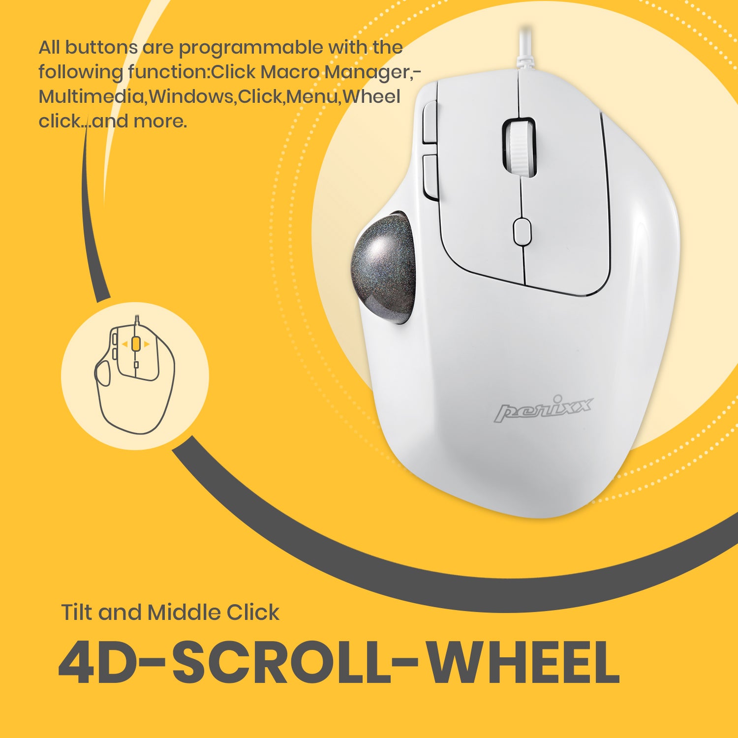 PERIMICE-520 - Wired Ergonomic Vertical Trackball Mouse Adjustable Angle  Programmable Buttons