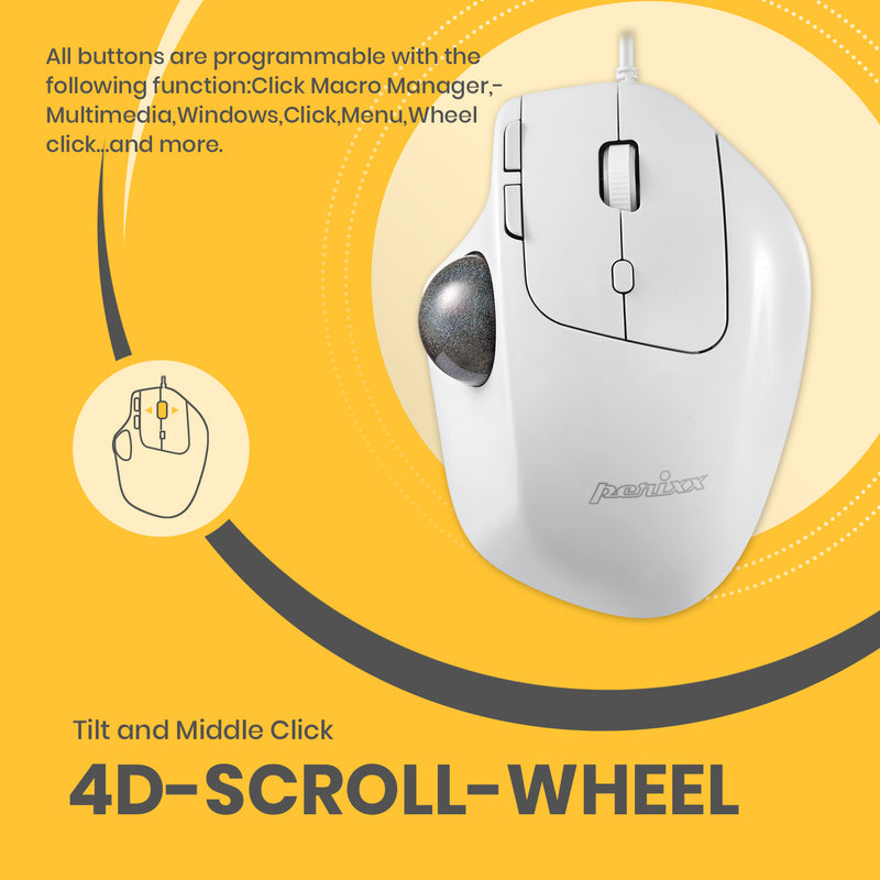 PERIMICE-520 - Wired White Ergonomic Vertical Trackball Mouse Adjustable Angle Programmable Buttons with 4D-scroll-wheel. Tilt and middle click.