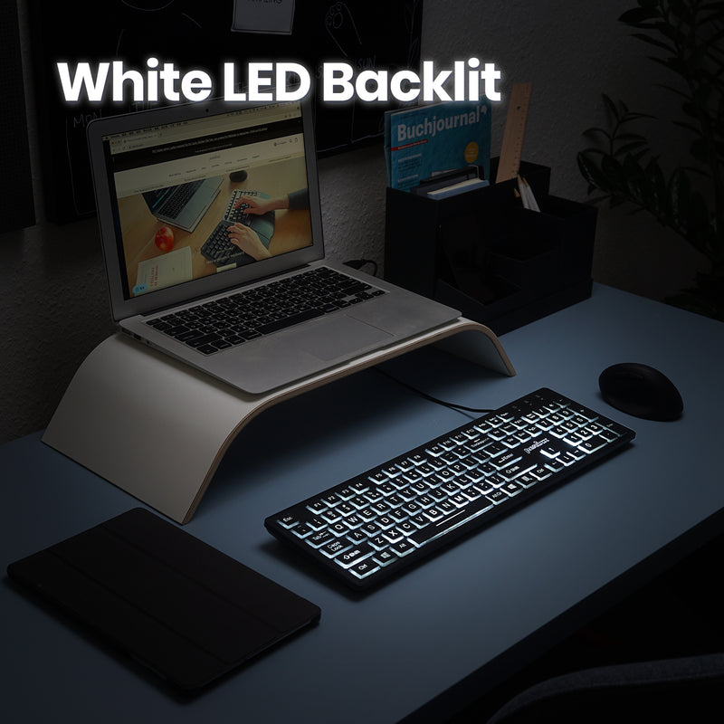 PERIBOARD-317 - Wired Backlit Standard Keyboard with Large Print Letters in white LED backlit