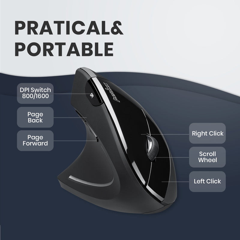 PERIMICE-713 L - Left-handed Wireless Ergonomic Vertical Mouse with 6 buttons including dpi switch and scroll wheel is practical and portable.