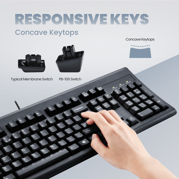 PERIBOARD-106 B - Wired Black Standard Keyboard with responsive keys. Concave keytops, typical membrane PB-106 switch