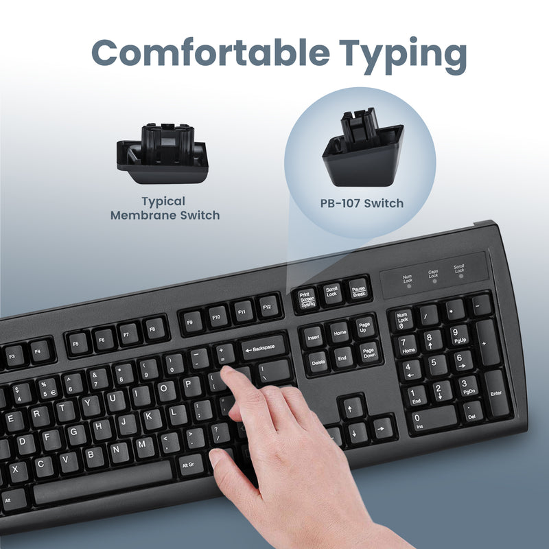 PERIBOARD-107 - PS/2 Black Standard Keyboard. Comfortable typing with typical membrane PB-107 switch.