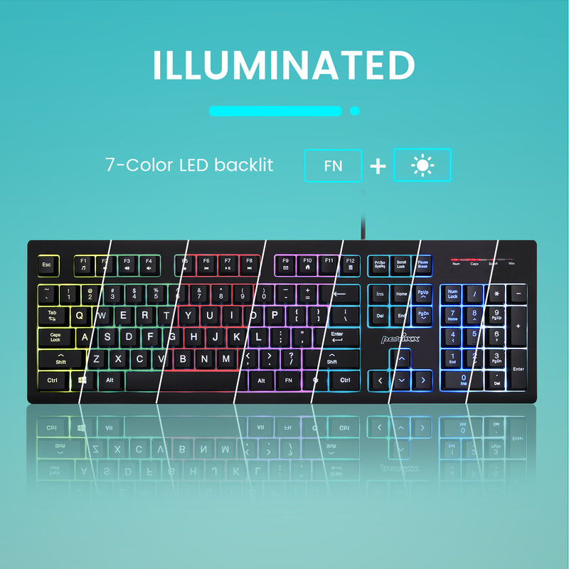 PERIBOARD-329 - Wired Backlit Keyboard Quiet keys with Large Print Letters with 7-color LED Backlit.