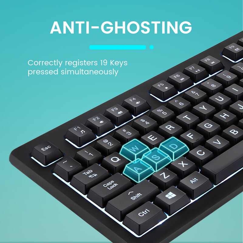 PERIBOARD-329 - Wired Backlit Keyboard Quiet keys with Large Print Letters. Anti-ghosting. Correctly registers 19 keys pressed simultaneously.