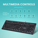 PERIBOARD-329 - Wired Backlit Keyboard Quiet keys with Large Print Letters and multimedia controls.