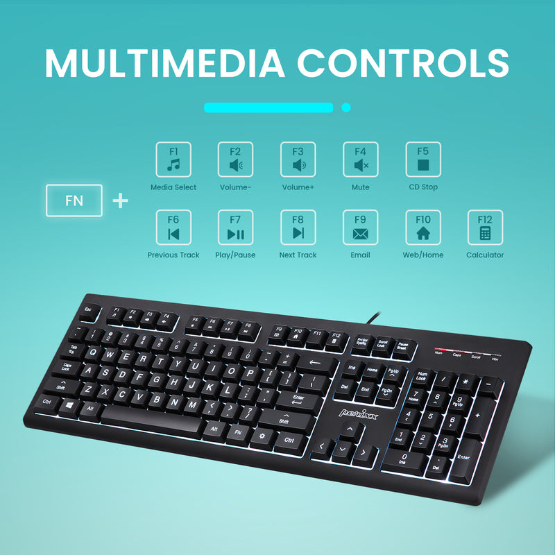 PERIBOARD-329 - Wired Backlit Keyboard Quiet keys with Large Print Letters and multimedia controls.