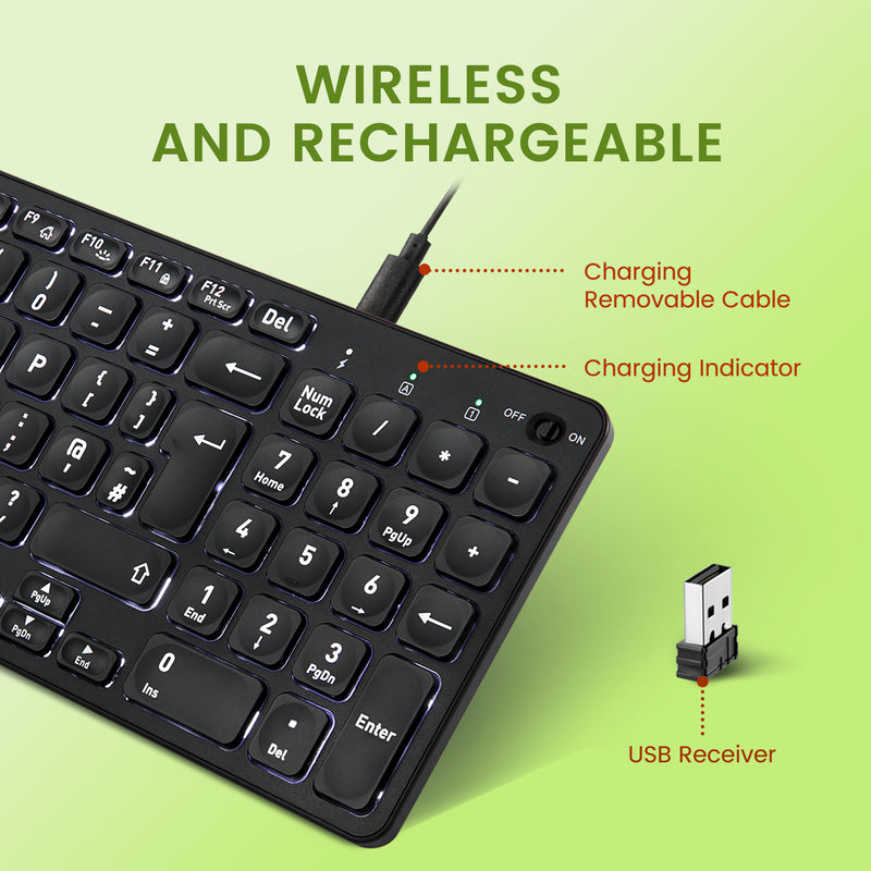 PERIBOARD-733B - Wireless 2.4GHz Backlit Rechargeable Compact Keyboard with Lowe Profile Keys