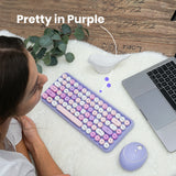 PERIDUO-713 PL - Wireless 2.4G Vintage Purple Mini Set of Keyboard and mouse Round Keycaps Typwriter Inspired