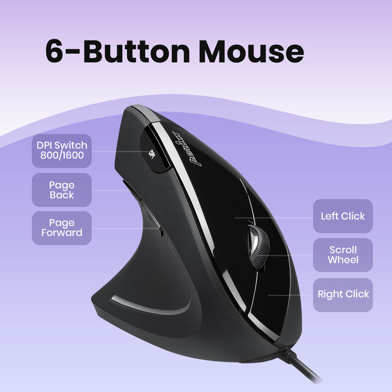 PERIMICE-513 L - Wired Left-Handed Ergonomic Vertical Mouse 6 Buttons 1000/1600 DPI