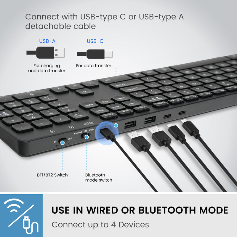 Perixx PERIBOARD-816 Wired & Wireless Multi-Device Backlit Mini Keyboard with 4 Hubs - X Type Scissor Keys - Big Print Keys - US English