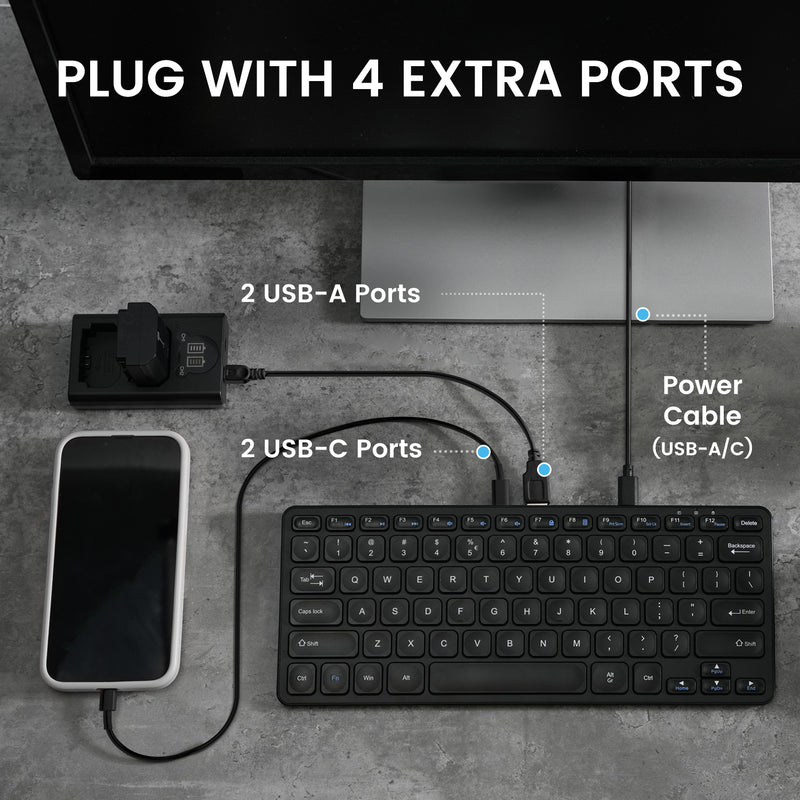 Perixx PERIBOARD-416 Wired Mini USB Keyboard with 4 Hubs - X Type Scissor Keys - Big Print Keys - Detachable USB-C/A Cable - US English