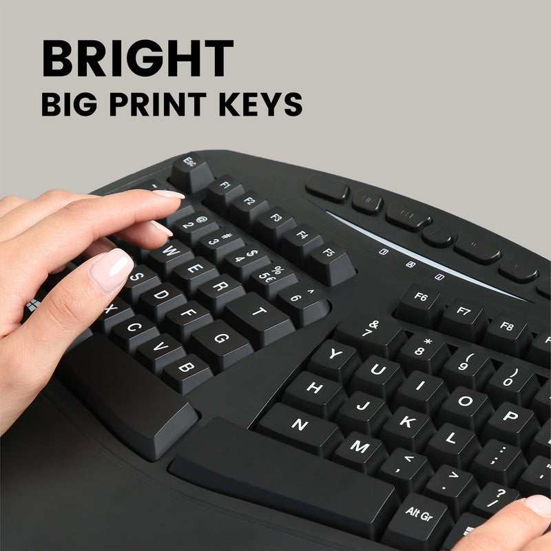 PERIBOARD-312 - Wired Backlit Ergonomic Keyboard Large Print Letters Extra USB Ports with big bright print keys.