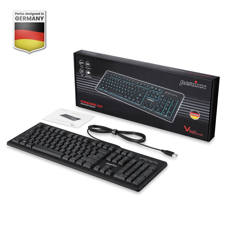 PERIBOARD-329 - Wired Backlit Keyboard Quiet keys with Large Print Letters : package and user manual