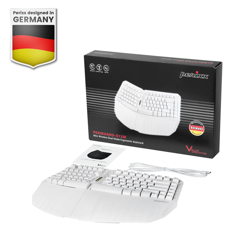 PERIBOARD-413 W - Wired Mini White Ergonomic Keyboard 75% : package and user manual.
