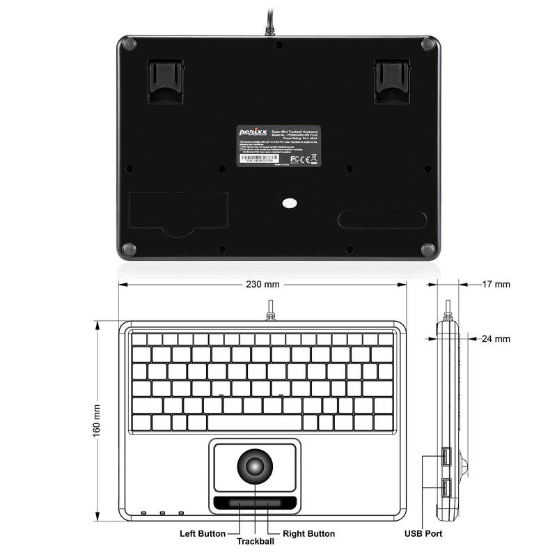PERIBOARD-509 H PLUS - Wired Super-Mini 75% Trackball keyboard Quiet Keys extra USB Ports with adjustable legs. 23 x 16 x 2.4 cm.