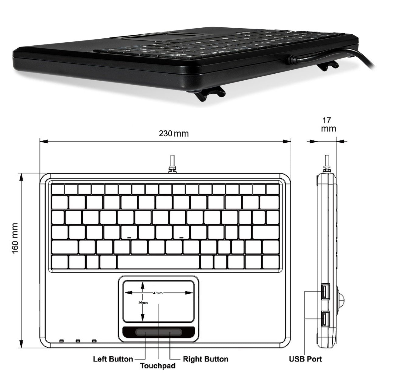 PERIBOARD-510 H PLUS - Wired Mini Touchpad Keyboard w/ Extra USB