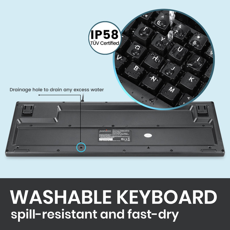 PERIBOARD-523 – Wired Waterproof and Dustproof Keyboard with TÜV certification with drainage holes. Spill-resistant and fast-dry.