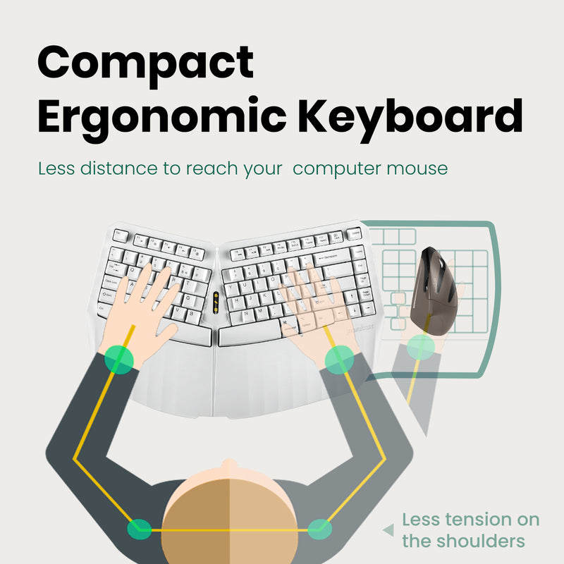 PERIBOARD-613 W - Wireless White Ergonomic Keyboard 75% plus Bluetooth Connection. Less tension on the shoulders.