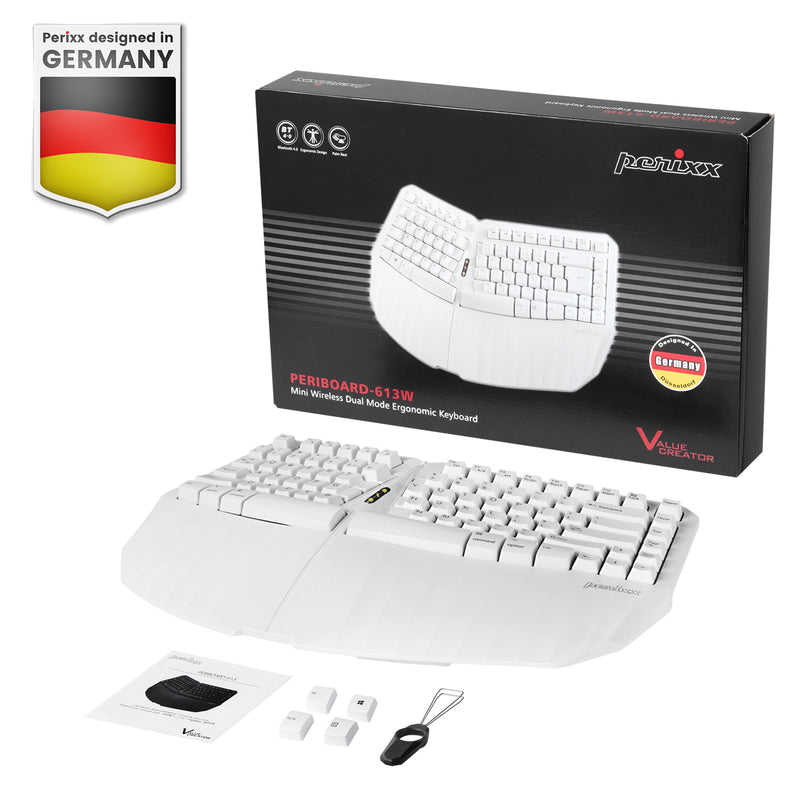 PERIBOARD-613 W - Wireless White Ergonomic Keyboard 75% plus Bluetooth Connection with package, user manual and additional components.