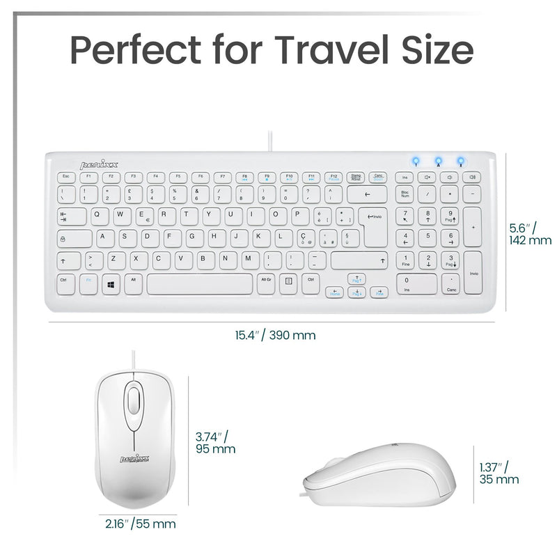 PERIDUO-303 W - Wired White Compact Combo (75% + numpad keyboard) dimensions. Perfect for travel size.