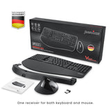 PERIDUO-605 - Wireless Ergonomic Combo : vertical mouse and split design keyboard with adjustable wrist rest: package, user manual and receiver for both keyboard and mouse