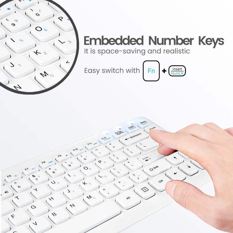 PERIDUO-707 W PLUS - Wireless White Mini Combo (75% keyboard). Easy switch with Fn plus insert/NumLK to embedded number keys.