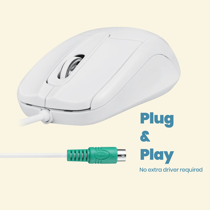 PERIMICE-209 W P - Wired White PS/2 Mouse. Easy plug and play and no driver required.