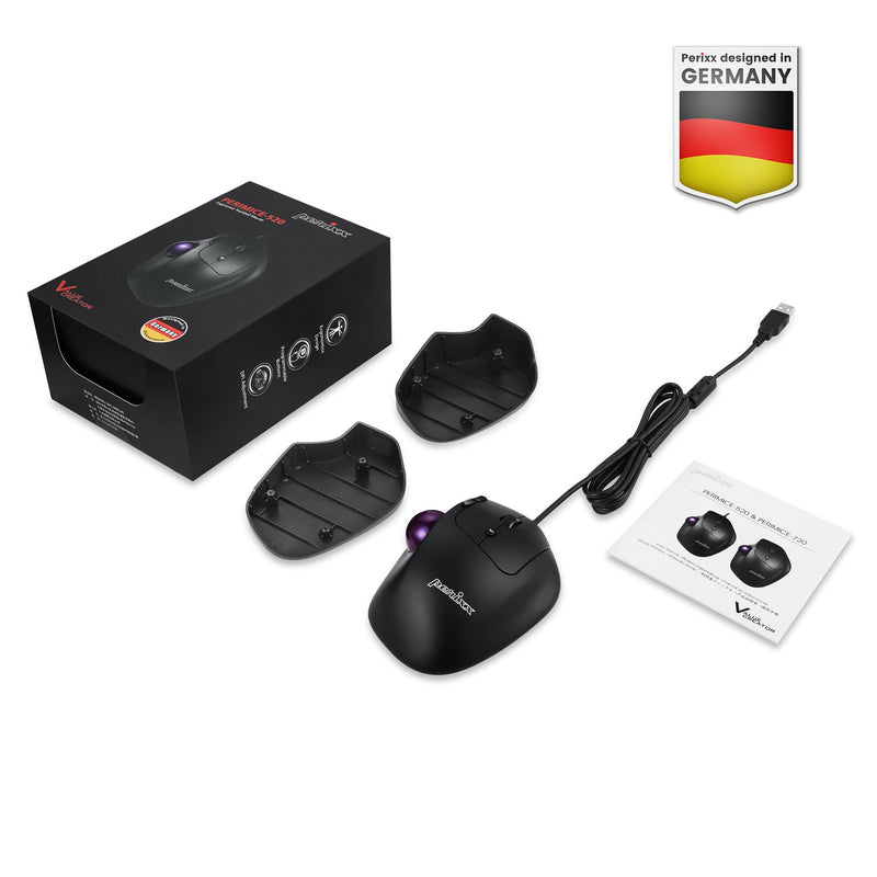 PERIMICE-520 - Wired Ergonomic Vertical Trackball Mouse Adjustable Angle Programmable Buttons with package and user manual