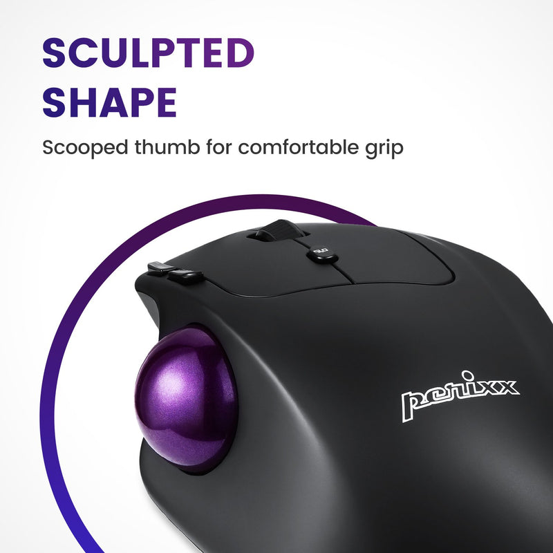 PERIMICE-720 - Wireless Bluetooth Ergonomic Vertical Trackball Mouse in sculpted shape. Scooped thumb for comfortable grip.